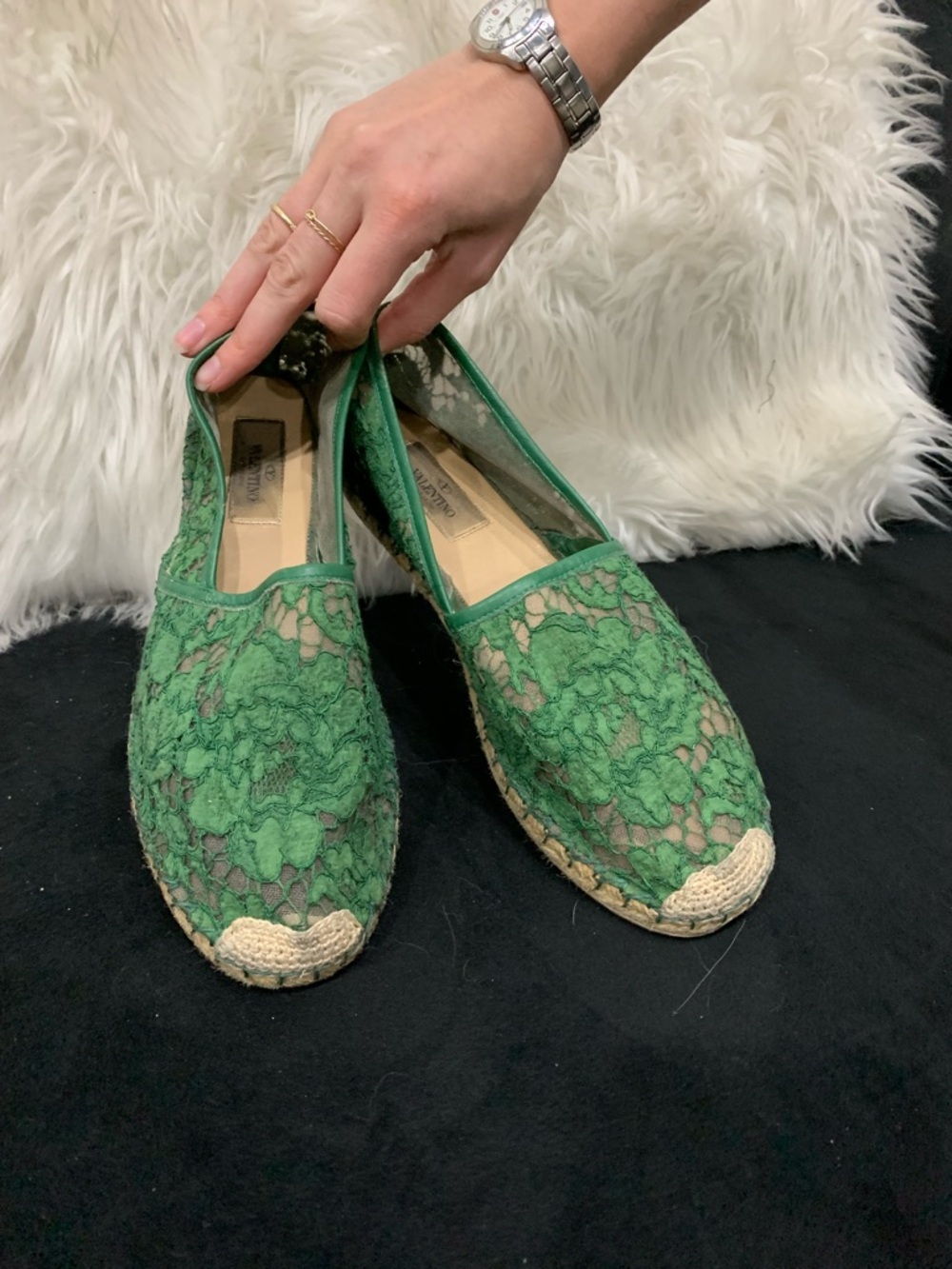 Valentino Green Lace Espadrilles with Woven Toe